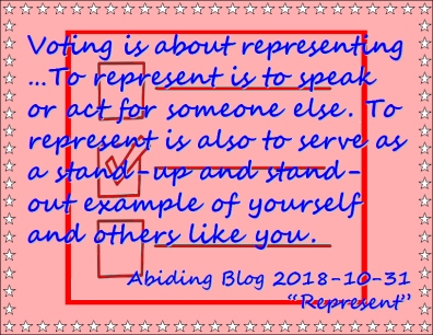 Voting is about representing...To represent is to speak or act for someone else. To represent is also to serve as a stand-up and stand-out example of yourself and others like you. #PracticeDemocracy #YourVoteIsVital #AbidingBlog2018Represent